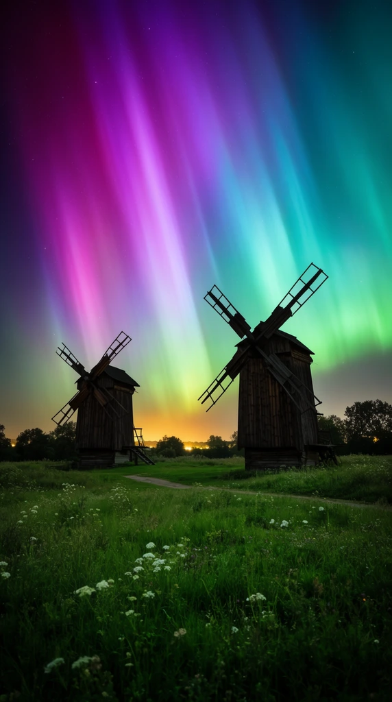 Two traditional wooden windmills silhouetted against a vivid aurora borealis, night sky radiating intense vertical bands of magenta, purple, teal, and bright green, warm yellow glow on the distant horizon, lush green meadow in the foreground, scattered white wildflowers, narrow dirt path winding between the rustic structures, dark tree line silhouettes in the background, long exposure astrophotography, wide-angle landscape composition, striking color contrast