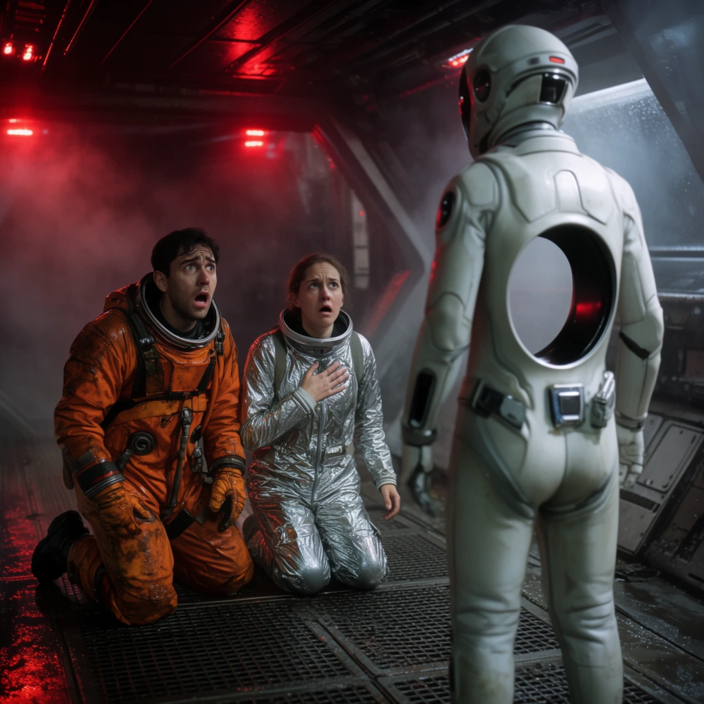 Two terrified astronauts kneel on a metallic starship deck, gazing in shock at a towering android. The standing android wears a sleek white spacesuit featuring a massive, perfectly circular void piercing its torso. The first kneeling figure, clad in a bulky oil-stained orange EVA suit, cowers backward. Beside him, an astronaut in a shimmering silver thermal undersuit clutches her chest. The dark, smoke-filled corridor is illuminated by flashing red emergency lights reflecting off wet grating. A cinematic low-angle shot frames the foreground android from behind, emphasizing the surreal see-through gap while focusing on the frightened expressions of the kneeling crewmates.