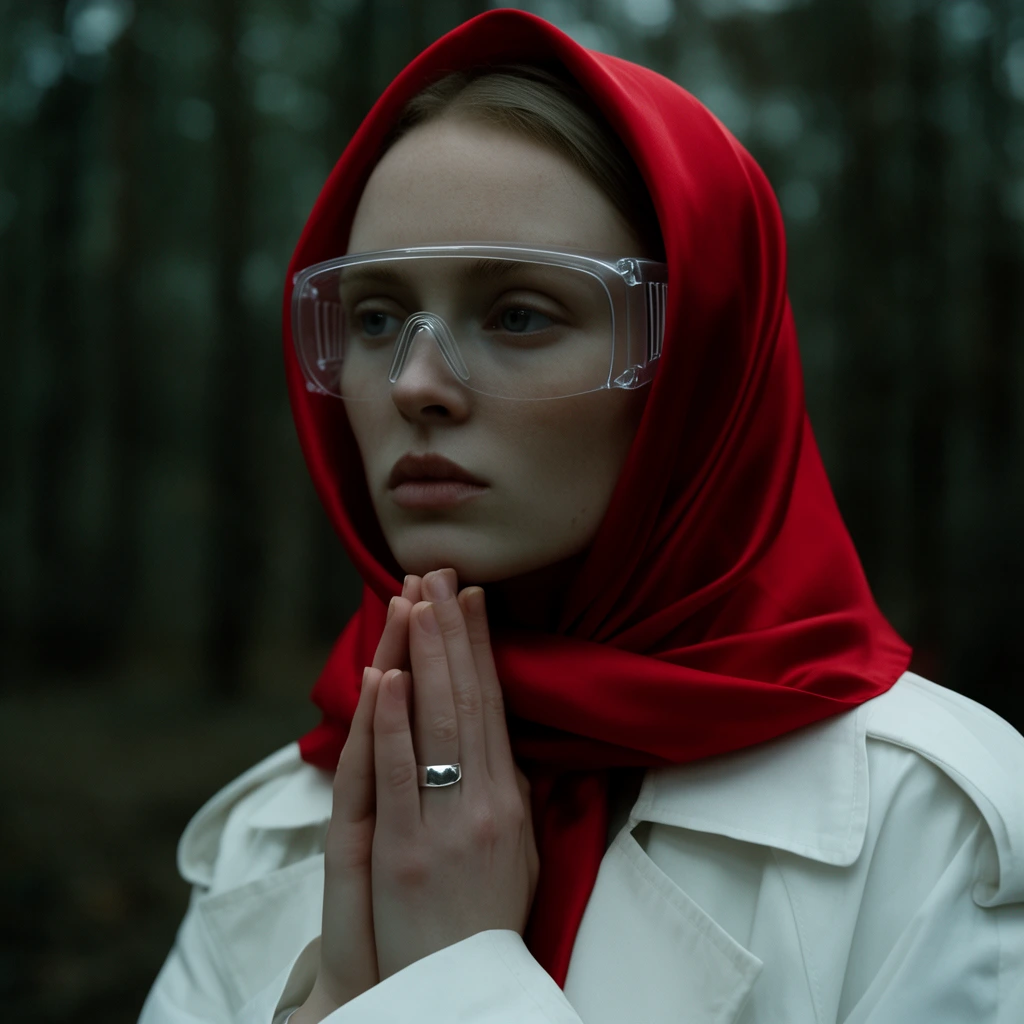 close-up portrait of pale-skinned woman, solid red silk headscarf, clear safety goggles, hands clasped at chin, silver ring, white trench coat, blurred forest background, moody lighting