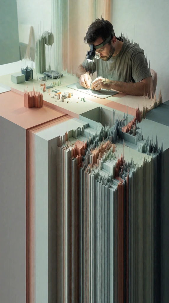 A man wearing a magnifying headlamp works on small parts on a desk, the entire scene fractured by intense vertical pixel-sorting and digital databending effects. The hunched figure, the prominent headlamp, the flat planes of the desk, and the scattered small components dissolve downward into cascading, heavily striated vertical lines. The composition transforms solid objects into a dense, fragmented topography of jagged, stretched pixels where forms bleed toward the bottom edge. Sharp geometric intersections on the desk surface abruptly shatter into tight vertical digital drips. The color palette consists of muted, desaturated seafoam greens, pale peaches, soft terracotta, slate grays, and stark off-whites. Soft, diffused ambient lighting illuminates the flat geometric planes before they decay into the intricate, glitch-art distortion, visually merging the worker, his tools, and the environment into a unified, cascading digital abstraction.