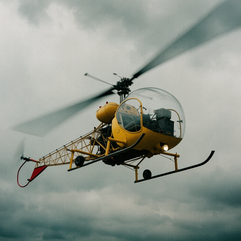 A vintage yellow utility helicopter with a clear bubble canopy and exposed tail boom flies against an overcast grey sky. Blurred rotor blades convey motion, while a red stripe accents the open-truss tail. Photographed from a low angle with grainy, cinematic film texture and muted colors.