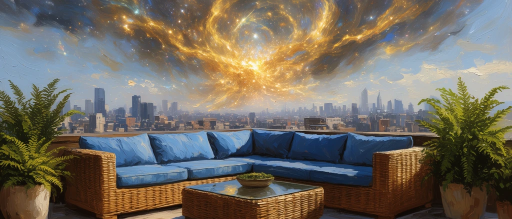 L-shaped blue-cushioned wicker rooftop sofa, potted ferns, sprawling city skyline, surreal glowing golden cosmic nebula bursting in sky, thick impasto brushstrokes