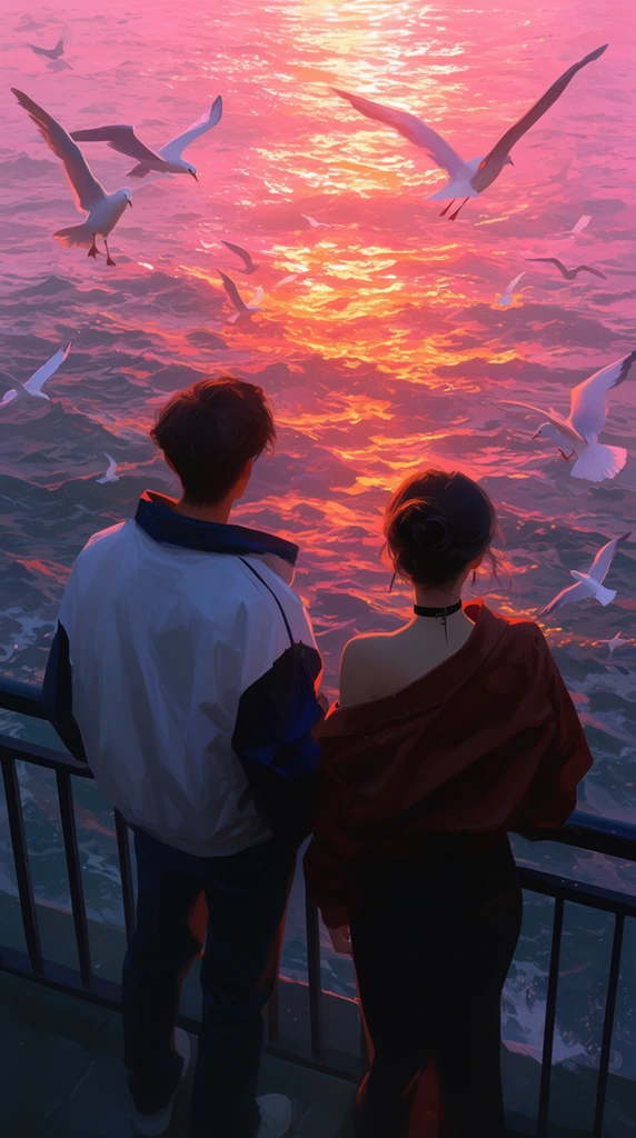 two figures viewed from behind at a black metal railing overlooking rippling water, brilliant pink and fiery orange sunset reflecting heavily on choppy waves, young man on the left in a loose white and dark blue jacket, young woman on the right with an updo wearing a draped reddish-brown jacket off one shoulder and a black choker, multiple white seagulls flying dynamically around them, cinematic digital painting, intense backlighting, semi-realistic aesthetic, deep cool shadows contrasting with vibrant warm water highlights