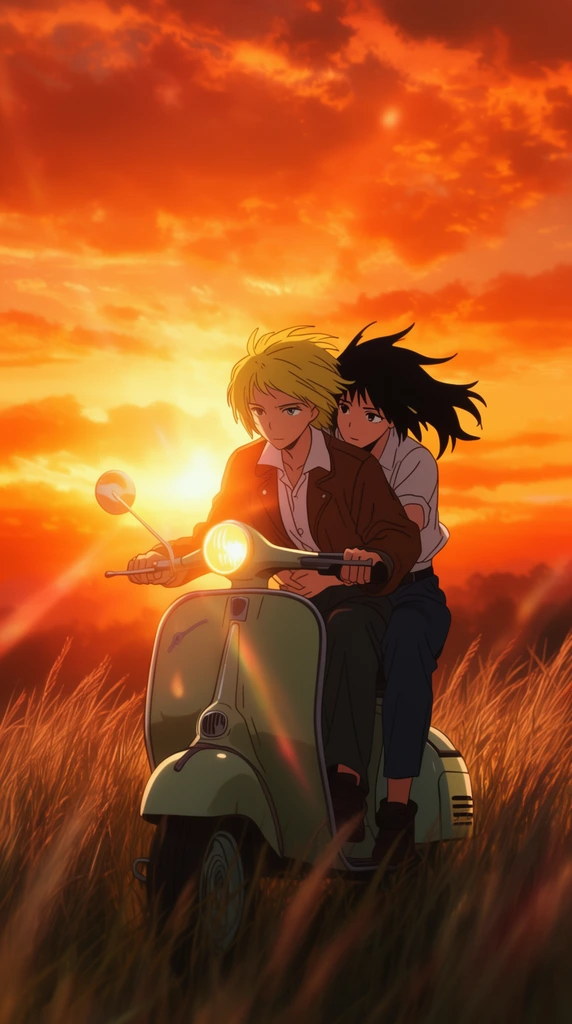 two human characters riding a vintage scooter through tall grass, blonde-haired driver, black-haired passenger hugging from behind, vibrant orange sunset, lens flare, cinematic anime style