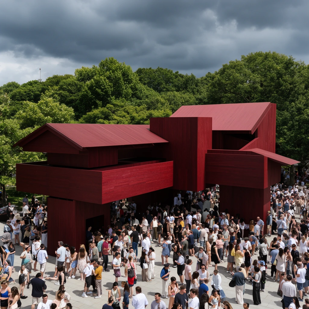 elevated wide shot of a large diverse crowd mingling on a paved plaza, massive dark red wooden architectural installation, intersecting abstract geometric blocks and cantilevered rectangular volumes, corrugated sloped roofs, casual summer clothing, dense lush green trees in the background, dramatic overcast sky with dark grey storm clouds, natural daytime lighting, high depth of field, crisp architectural photography, vibrant color contrast