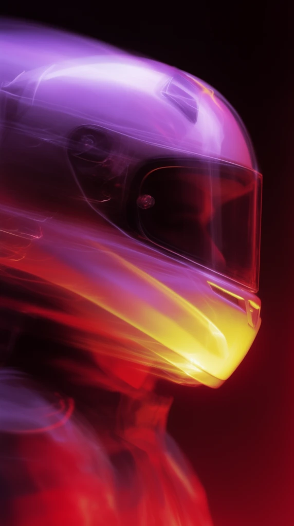 A long-exposure capture of a full-face helmet in extreme motion blur against a dark background. Ethereal streaks of neon purple, bright yellow, and crimson light trace its horizontal path. The sharp silhouette of the visor and chin guard remain faintly visible through glowing light trails. A bright yellow luminescence highlights the chin bar's underside, bleeding into surrounding red shadows. Fluid, abstract streaks of colored light dominate the dynamic, kinetic composition.