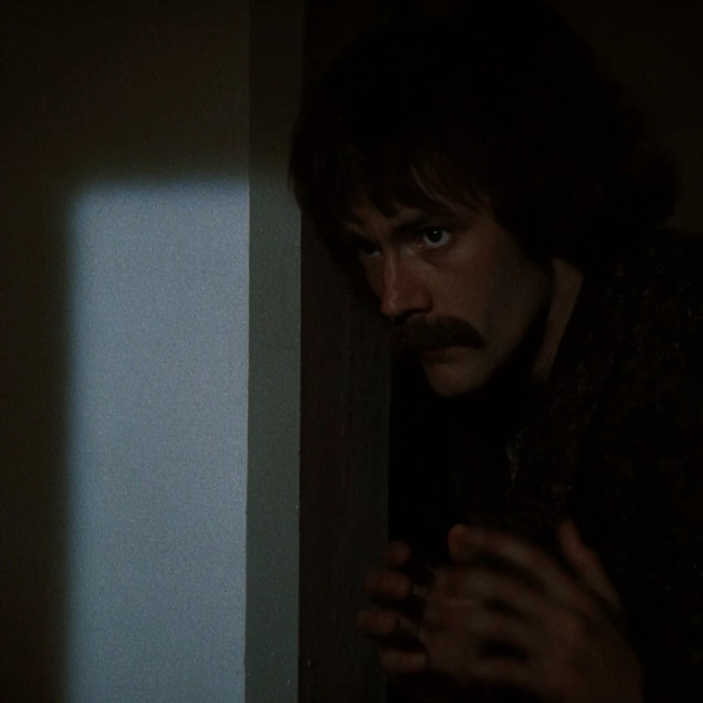 A dimly lit cinematic shot of a man peering cautiously from behind a dark wall. The man has a thick mustache and shaggy dark hair, his face partially illuminated by faint ambient light as he stares intensely to the left. His hands are raised slightly near his chest in a blurred, defensive posture. He wears dark, textured clothing that blends into the deep shadows engulfing the right side of the frame. To the left, a stark rectangular patch of pale cool light strikes a flat interior wall, creating a sharp chiaroscuro contrast against the overwhelming darkness. The image features heavy film grain, low-key lighting, and a suspenseful vintage thriller aesthetic.