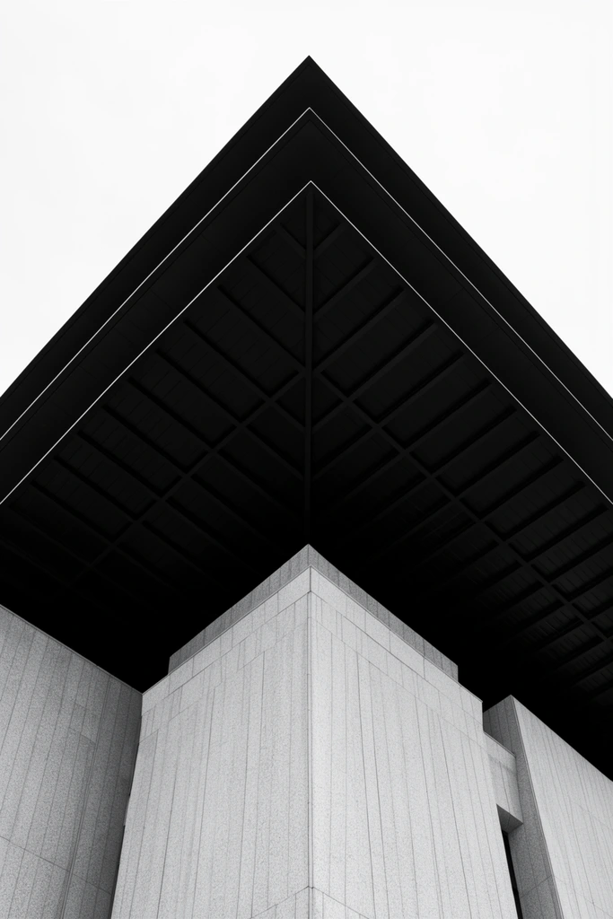 A low-angle black and white architectural photograph captures the sharp geometric intersection of a light stone building and a massive dark overhanging roof. Vertically oriented, textured gray walls meet at a prominent protruding corner in the lower foreground. Above, a stark black, multi-tiered canopy forms a massive triangular shape against a featureless white sky. The underside of the dark roof features a ribbed, grid-like pattern converging at a central apex. The minimalist composition highlights extreme high contrast, clean architectural lines, and dramatic structural abstraction.