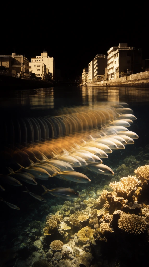 A cross-section view of a city waterway with a thriving coral reef ecosystem beneath the surface, captured using a dramatic stroboscopic chronophotography technique against a stark pitch-black void. Intense, warm golden directional spotlighting isolates the urban architecture above the waterline and the intricate coral formations below, creating extreme high-contrast chiaroscuro. Schools of marine life swim horizontally through the underwater reef, their movement recorded as a distinctive sequence of overlapping, semi-transparent motion trails that fade from sharply focused, brightly lit leading figures into a cascading series of motion-blurred, amber-tinted echoes trailing behind them. A dark, glassy horizontal water surface reflects the brightly illuminated city structures above while revealing the glowing aquatic environment beneath. The restricted color palette of deep blacks, warm golden yellows, and stark white highlights emphasizes the rhythmic repetition of the multiple-exposure movement trails suspended in the heavy shadows of the surrounding darkness.