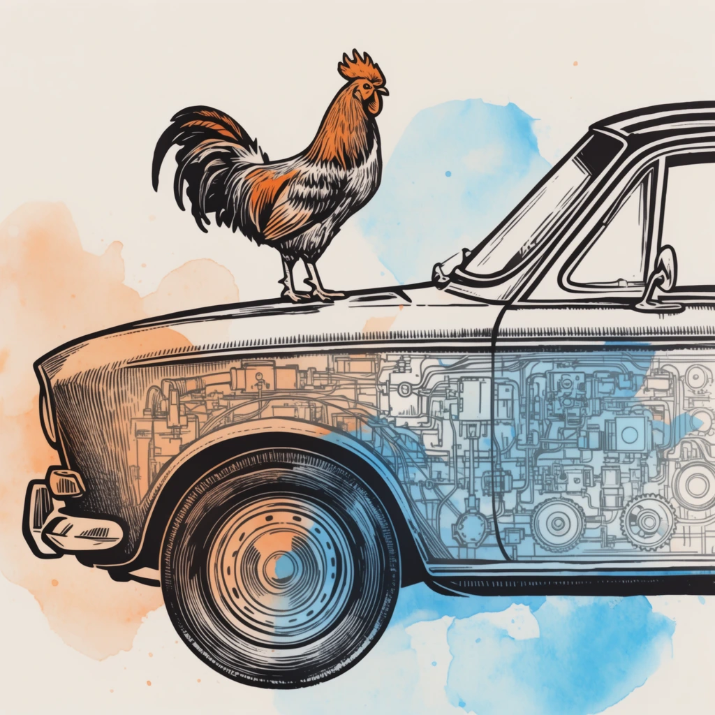 A stylized, vintage-inspired illustration depicts a rooster standing confidently on the hood of a classic car shown in profile. The artwork employs a bold linocut or woodblock printing aesthetic, characterized by thick black outlines and intricate cross-hatched shading against an off-white background. The lower half of the car's body is rendered as a transparent cutaway, revealing a complex, labyrinthine schematic of mechanical components, wiring, pipes, and gears. Loose, organic watercolor washes in pale orange and vibrant light blue selectively overlay portions of the car and the exposed internal machinery, creating a striking contrast between the rigid, technical diagrams and the fluid splashes of color.