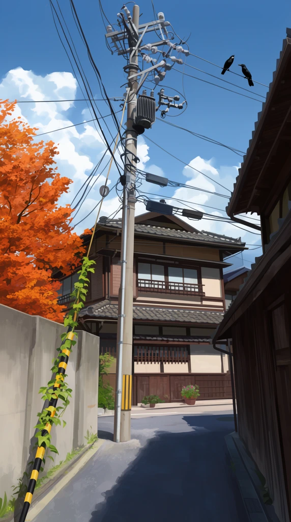 digital painting of a Japanese street corner, prominent utility pole with tangled power lines and transformer, two black birds perched on wires, green vines climbing a yellow and black guy wire, traditional multi-story house in background, concrete wall and vibrant orange autumn tree on left, shadowed wooden building on right, bright blue sky with fluffy white clouds, crisp sunlight, deep shadows on asphalt, anime background art style