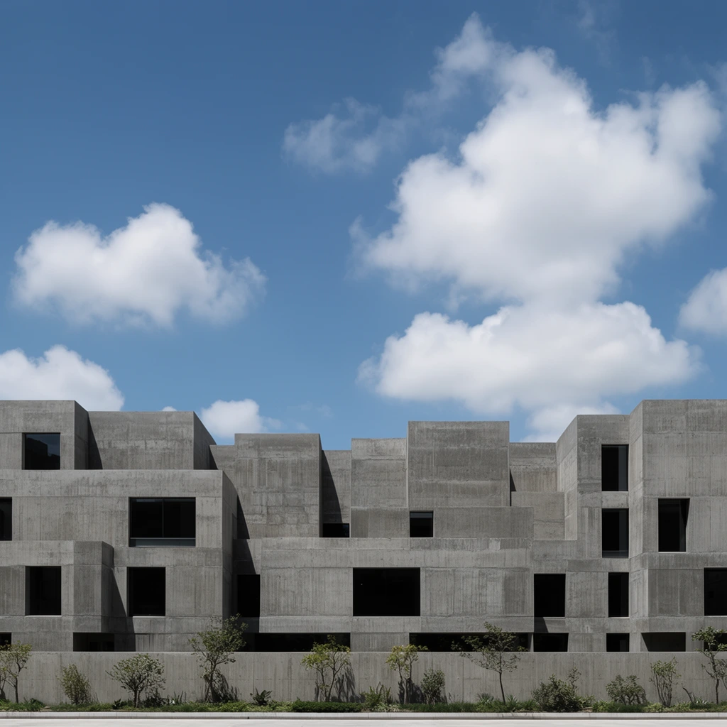 A brutalist, monolithic concrete building spans the width of the frame under a bright blue sky dotted with fluffy white cumulus clouds. The structure is composed of staggered, blocky geometric volumes with a raw, textured grey concrete finish. Rectangular windows, some recessed and some flush, punctuate the facade with stark black voids. The roofline is uneven, creating a stepped, modular silhouette against the sky. At the ground level, a low concrete wall encloses a narrow strip of landscaping where small, sparse green trees and shrubs are planted. The lighting is harsh and direct, characteristic of a clear day, casting sharp, deep shadows that emphasize the building's varying depths and cubist forms. The camera angle is straight-on, capturing the building's imposing scale and strict horizontal alignment, characteristic of architectural photography.