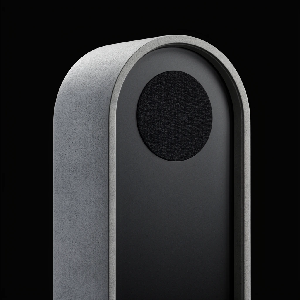 A minimalist, arch-shaped electronic device is captured in high-end product photography against a pitch-black background. The tall object features a thick, light gray outer shell with a coarse, concrete-like texture, culminating in a smoothly rounded semi-circular top. Recessed within this rugged exterior is a flat, matte black front panel. Positioned centrally near the upper curve of this dark face is a perfectly circular, black fabric mesh grille. Studio lighting casts soft, dramatic gradients across the curved upper surface and highlights the precise edge where the textured gray shell meets the smooth black interior panel, emphasizing a refined modernist aesthetic.