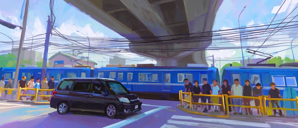 Vibrant digital painting of an urban street beneath a massive concrete overpass. A dark minivan idles at a crossing as blue train cars pass. Dense power lines cut across a bright sky. Pedestrians wait by yellow railings. Executed with loose, impressionistic brushstrokes in a palette of blues, purples, and greys from a low perspective.