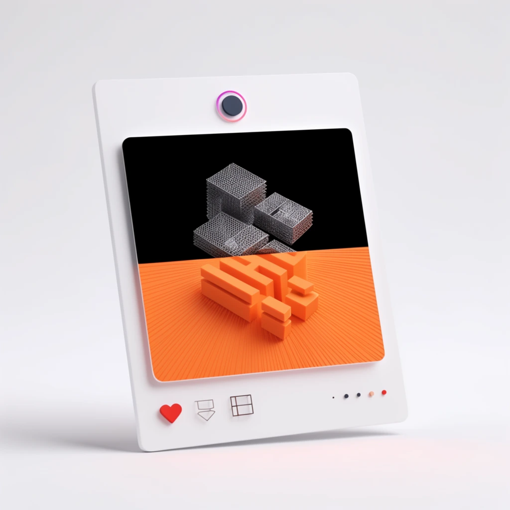 A 3D-rendered white rectangular interface card tilts backward on a seamless white studio backdrop, casting soft shadows. The card frames a large central square split into a solid black upper half containing metallic mesh-like geometries, and a bright orange lower half patterned with radiating lines behind extruded 3D block forms. Minimalist three-dimensional interface elements adorn the white borders, including a dark circle with a pink gradient ring at the top, and a bottom row featuring a solid red heart, simple wireframe shapes, and small pagination dots.