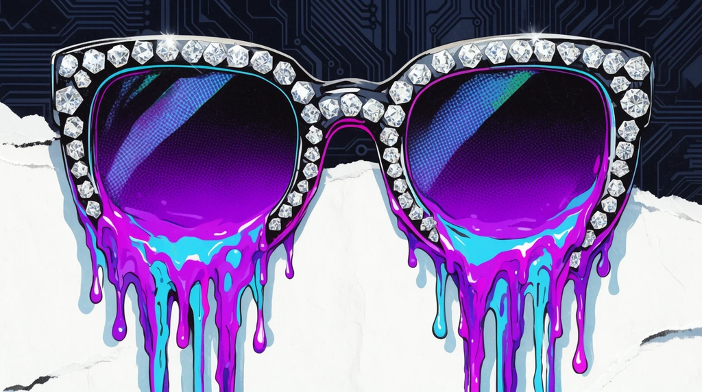 melting diamond-studded sunglasses, thick neon purple and cyan liquid dripping from lenses, torn white paper surface, dark geometric circuit board background, pop art illustration, halftone dot texture