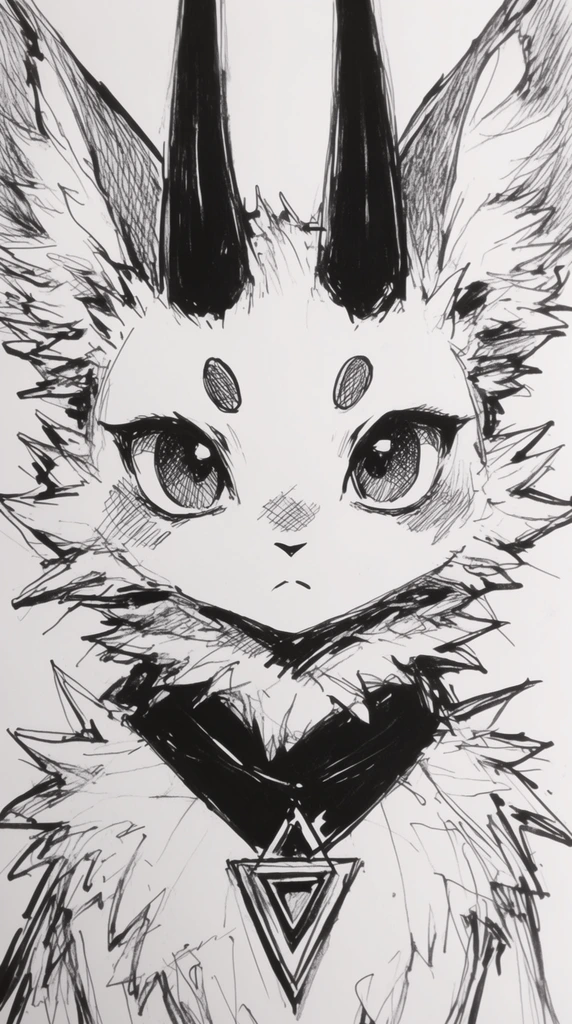 monochromatic ink sketch of a fantasy creature portrait, large expressive eyes with dense crosshatched shading, two prominent solid black horns pointing upward, long pointed fluffy ears, small symmetrical oval markings on the forehead, thick spiky fur framing the face and neck, dark black collar featuring a geometric triangular pendant, rough and expressive pen linework, loose hatching techniques, high contrast black and white manga illustration style, unrefined raw sketch aesthetic