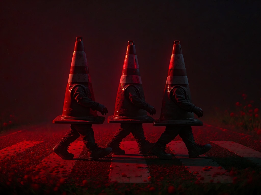 high-contrast cinematic photography, three anthropomorphic traffic cones walking single-file across a pedestrian crosswalk, dramatic low-key red rim lighting against deep black backgrounds, monochromatic red and black color palette, hyper-realistic textures on weathered plastic, soft ethereal red glow illuminating the asphalt, centered composition with shallow depth of field, surreal and enigmatic aesthetic, moody atmospheric fog, sophisticated visual tension, fine film grain, hyper-detailed.