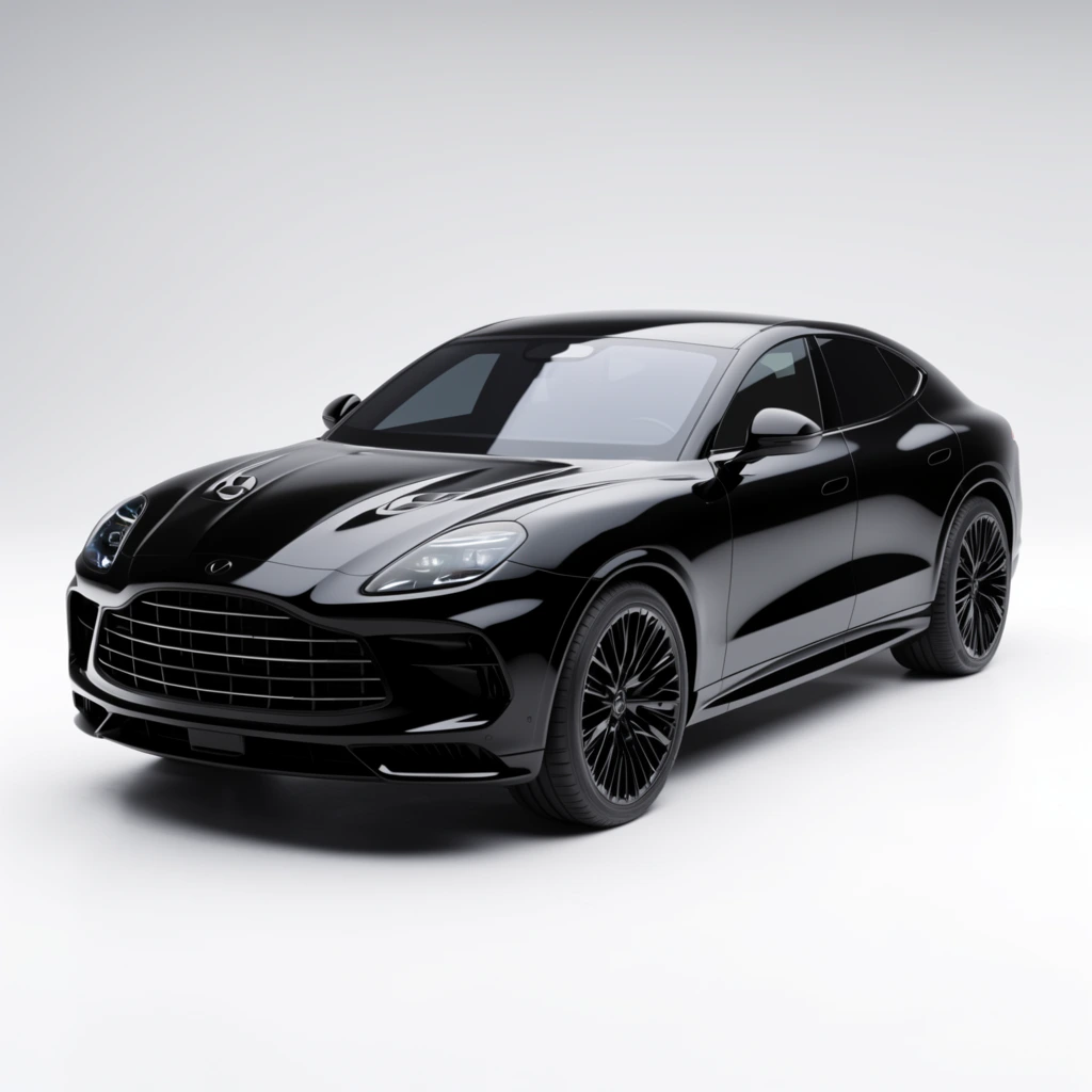 sleek black luxury SUV in three-quarter front perspective, minimalist studio setting, highly reflective glossy black paint, sculpted bodywork, large front grille with horizontal slats, almond-shaped headlights, contoured hood with dual vents, complex black multi-spoke alloy wheels, sloping roofline, flush door handles, dark tinted windows, seamless white gradient background, soft floor shadow beneath the vehicle, high-end automotive product rendering, crisp studio lighting highlighting sharp exterior creases and fluid curves