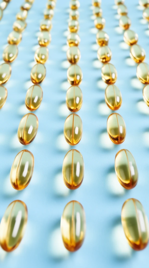 A uniform receding grid of translucent golden oval gel capsules rests on a smooth light blue surface. Bright lighting creates crisp vertical reflections on each pill, contrasting warm amber hues against the cool pastel background in this macro photograph.