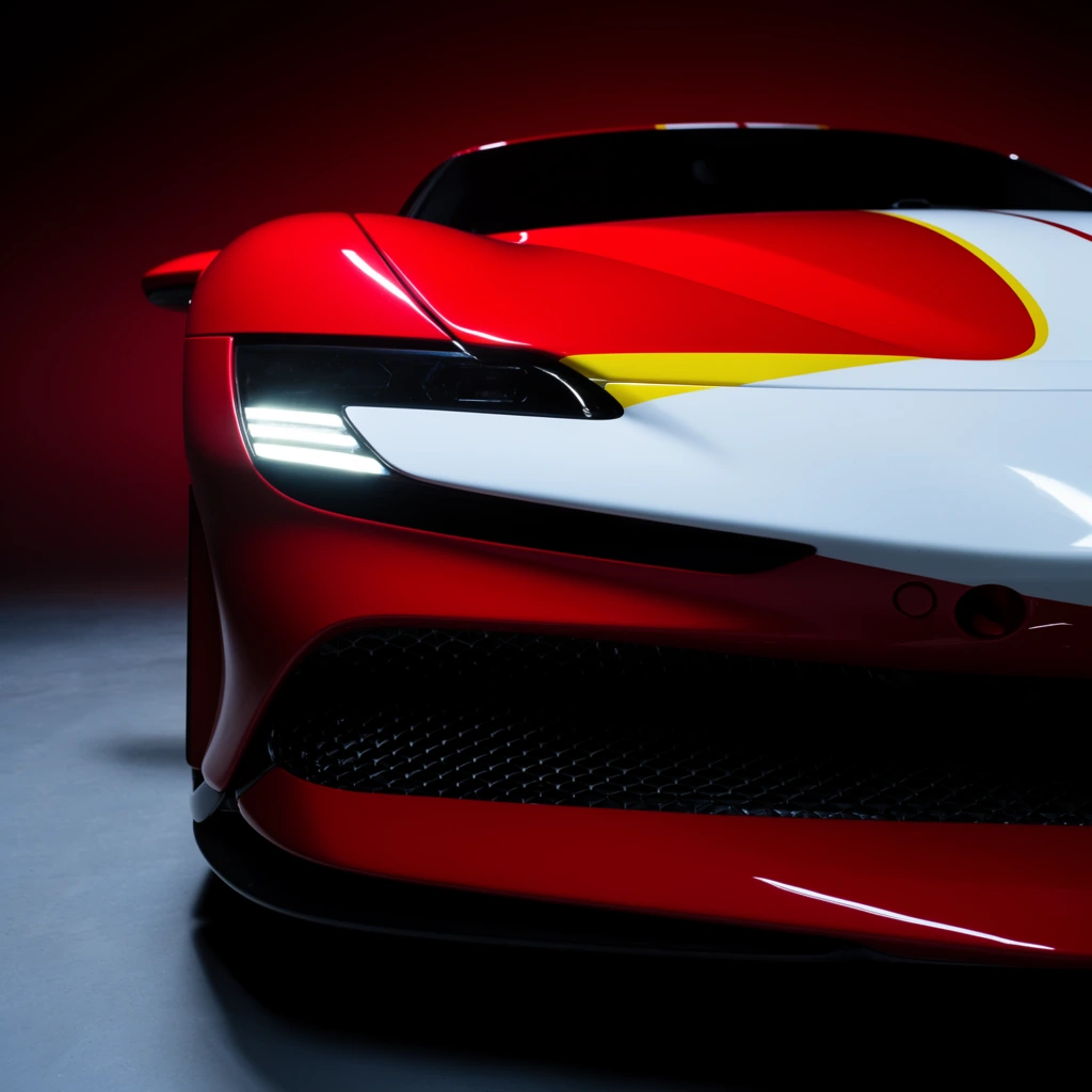 A close-up view of the front fascia of a high-performance sports car bathed in dramatic studio lighting. The sleek, aerodynamic body features glossy red paint intersected by a wide white racing stripe and a thin yellow accent line across the hood. A sharp, deeply recessed black headlight assembly houses a glowing horizontal LED strip. Below, a dark air intake grille with a honeycomb mesh pattern recedes into deep shadow. The vehicle rests on a smooth gray floor against a backdrop fading from deep crimson to pure black. The tight, low-angle composition utilizes high-contrast illumination to emphasize the vehicle's sculpted, reflective curves and aggressive automotive design.