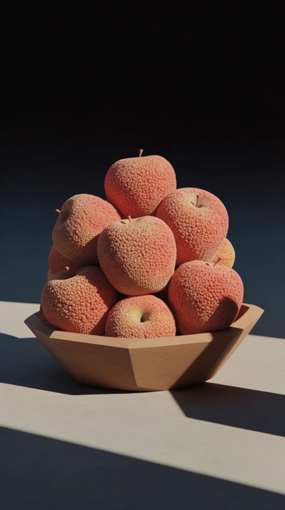 Densely clustered apples inside a smooth wooden bowl rest in the center of a perfectly flat, minimalist ground plane, rendered in a surreal, hyper-tactile 3D architectural visualization style against a deep, gradient-free pitch-black void. The wooden bowl features clean, sharp geometric lines and a soft, untextured matte finish. The apples stack into a massive, monumental formation, possessing an uncanny, hyper-detailed, deeply porous, and heavily instanced bumpy fractal-like surface with a dry matte coating. Harsh, low-angle directional sunlight strikes the arrangement from the side, casting stark, razor-sharp, pitch-black geometric shadows that stretch dramatically across the foreground. The composition exhibits the eerie, pristine aesthetic of an uncanny miniature diorama, characterized by a high-contrast palette of highly saturated matte colors against abyssal black, impeccable volumetric rendering, perfect edge definition, and a complete absence of atmospheric perspective.