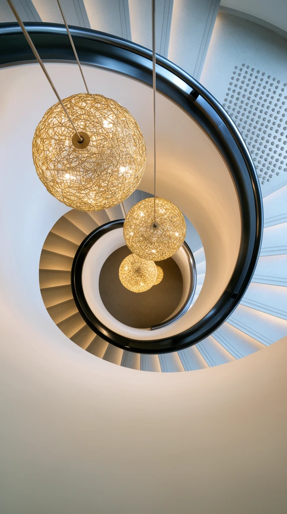 A bird's-eye view looking straight down a modern spiral staircase forming a geometric vortex. Three spherical pendant lights crafted from intricate golden wire mesh hang suspended by thin cables in the central void, casting a warm glowing light. A sleek, dark continuous handrail caps the smooth white inner wall, curving downward alongside illuminated pale gray steps. A landing on the upper right features a pattern of raised tactile dots. Crisp architectural photography highlighting contrasting warm and cool tones, sharp focus, and sweeping curved lines.