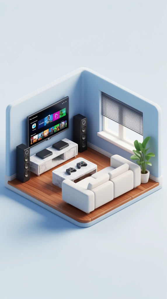 isometric 3D cutaway diorama of a modern gaming room, pale blue walls, warm wooden floor, wall-mounted flat screen TV with media interface, tall black tower speakers, white marble console and coffee table with game controllers, white modern modular sofa, window with closed blinds, green potted plant, clean studio lighting, smooth stylized digital textures