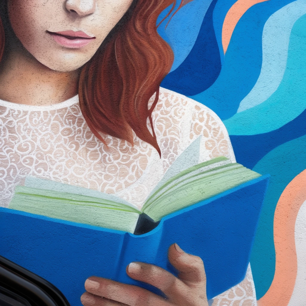 A close-up street art mural on a highly textured wall depicting the lower face and torso of a woman reading a book. She has pale skin, soft pink lips, and wavy auburn hair cascading over a white top featuring a delicate, semi-transparent lace pattern. Her gracefully shaded hand gently holds an open book with a vibrant solid blue cover and pale green pages. Flowing, abstract shapes in bright blue, deep cyan, and peach swirl in the background, framing her figure. The artwork blends realistic portraiture with flat graphic elements, unified by the rough, bumpy surface of the underlying concrete protruding through the matte paint. A curved black object enters the frame at the bottom left.