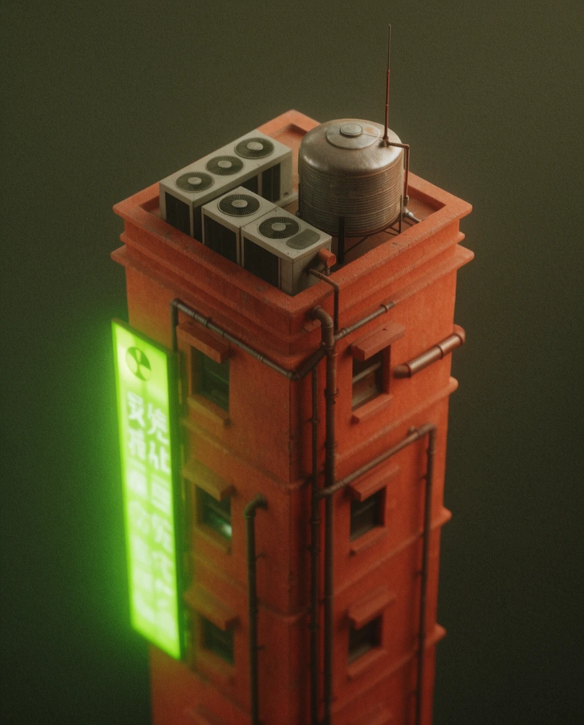 Isometric narrow terracotta skyscraper, glowing neon green side sign, rooftop industrial HVAC units, metal water tank, thin antenna, small recessed windows, external pipes, dark olive murky void background, heavy film grain, volumetric lighting, retro-futuristic 3D miniature render