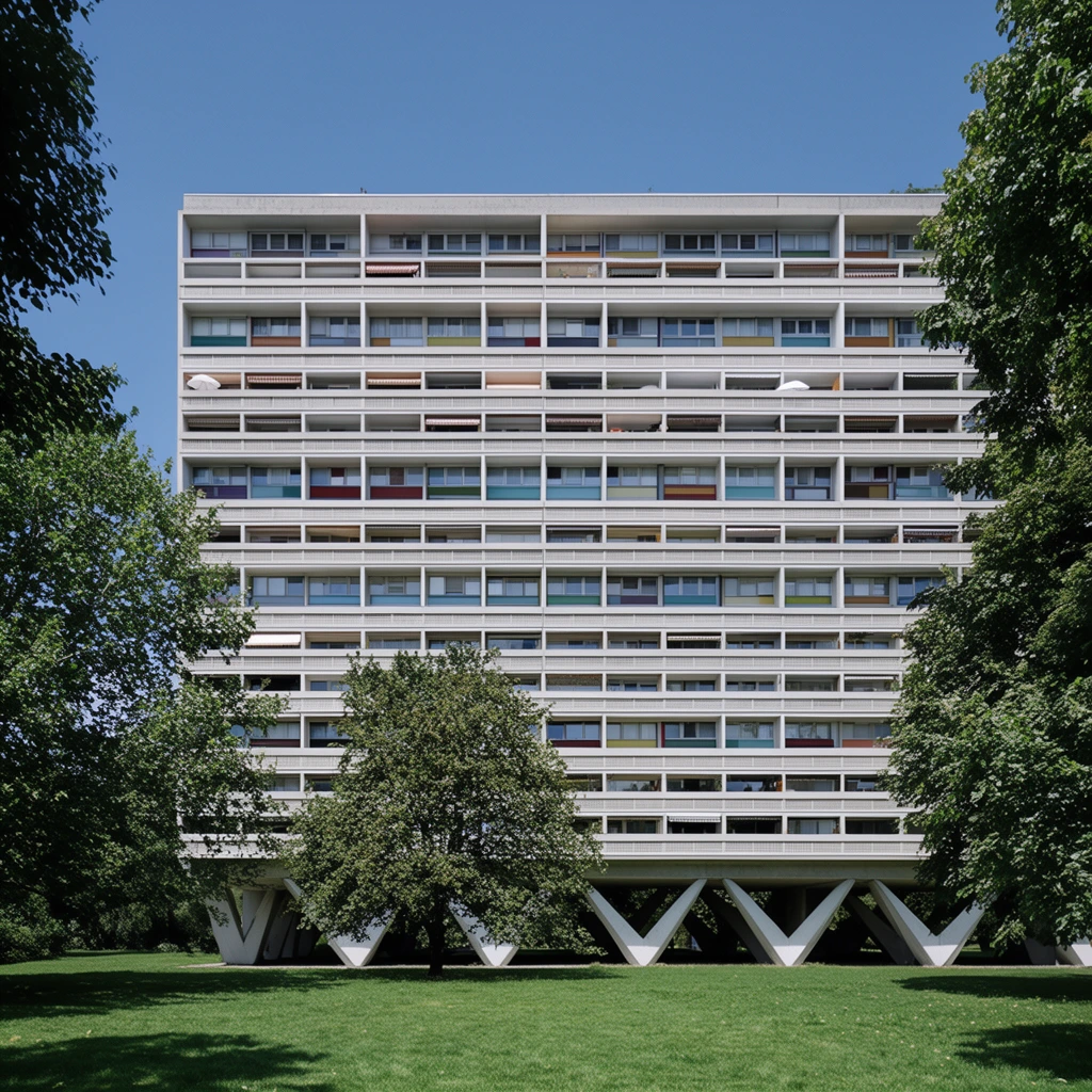 A modernist concrete apartment block stands behind a vibrant green lawn and mature trees under a clear blue sky. The rectangular building features a grid-like facade of continuous horizontal balconies, glass windows, colorful divider panels, and scattered sun parasols. Elevated on striking V-shaped concrete pilotis, the ground level is partially obscured by dense foliage framing the edges. Captured in straight-on architectural photography with bright natural daylight, crisp shadows, and sharp focus contrasting the stark white architecture with the lush organic environment.