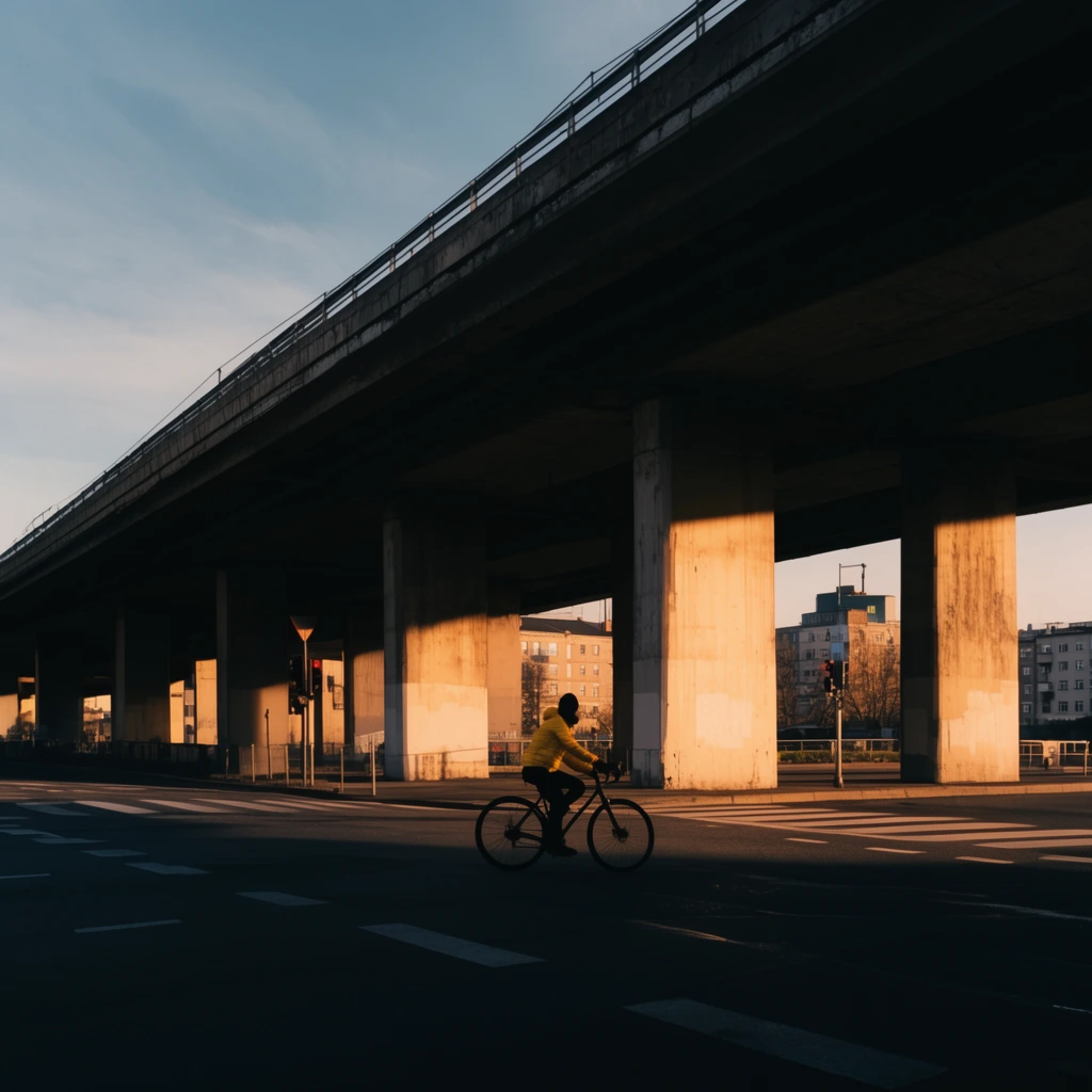A silhouetted cyclist in a yellow jacket crosses a dark asphalt intersection beneath a massive concrete overpass during golden hour. Cinematic high-contrast lighting casts deep shadows against warm, sunlit pillars, emphasizing the vast urban scale.