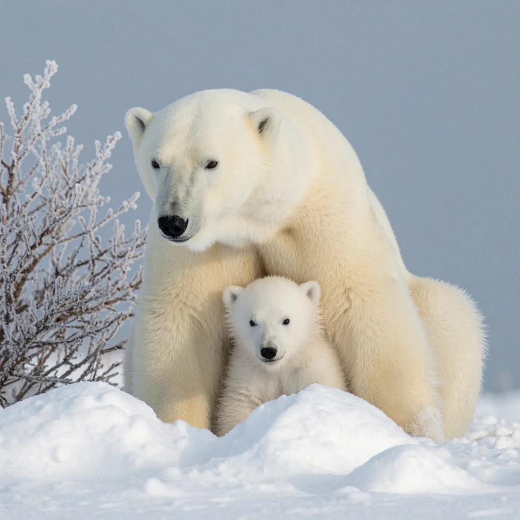 adult polar bear sitting in snow, thick creamy white fur, arching over a small fluffy pure white cub, cub nestled under mother's chest, black snouts, chunky snowdrifts in foreground, frosted bush on left, smooth pale blue-grey background, soft natural daylight, sharp wildlife photography