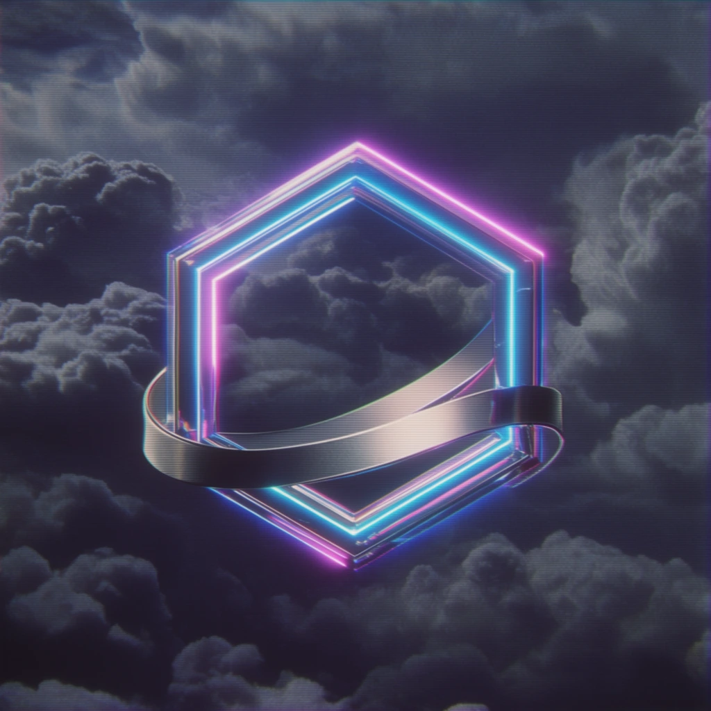 A glowing, multifaceted geometric hexagon floats against a turbulent dark indigo sky filled with rolling storm clouds. The central structure features sleek, reflective metallic borders emitting a brilliant neon cyan and magenta aura. A smooth, unadorned metallic ribbon elegantly wraps across the lower half of the shape, adding architectural depth. Heavy cumulus clouds dominate the background in deep grayscale and indigo tones. The composition is layered with a distinct CRT monitor distortion effect, displaying prominent horizontal scanlines, subtle chromatic aberration, and a degraded analog video aesthetic. The cinematic lighting sharply contrasts the vibrant neon radiance of the floating geometry against the somber, brooding meteorological environment.