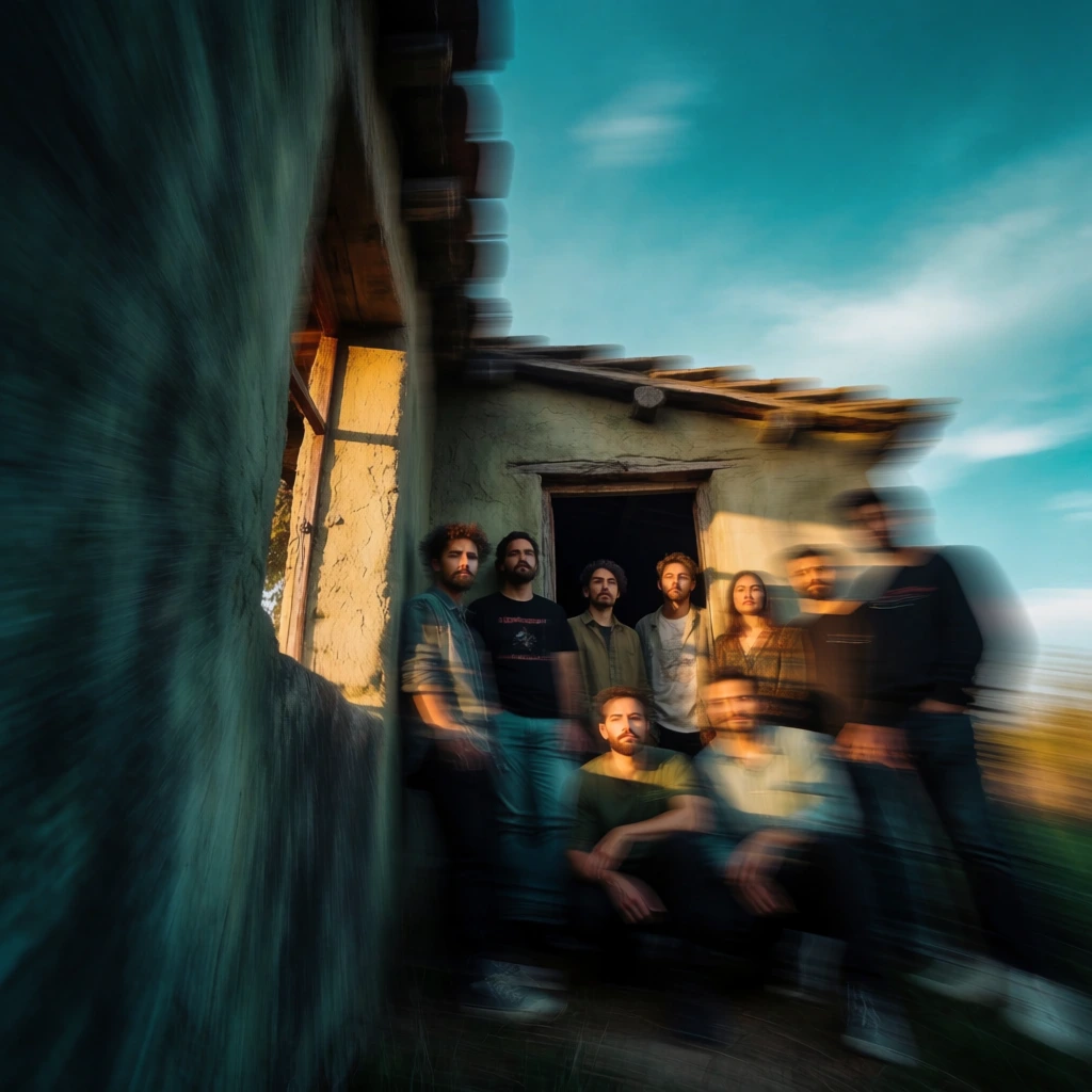 cinematic motion blur aesthetic, nine people dynamically arranged around a rustic doorway and window opening, extreme horizontal speed streaks, stylized teal and cyan sky, warm golden hour light hitting figures and architecture, deep shadows, high contrast, impressionistic blurred edges, vibrant oranges and earthy ochre tones, low-angle perspective, rhythmic composition with diagonal speed lines, professional high-end editorial brand photography style.