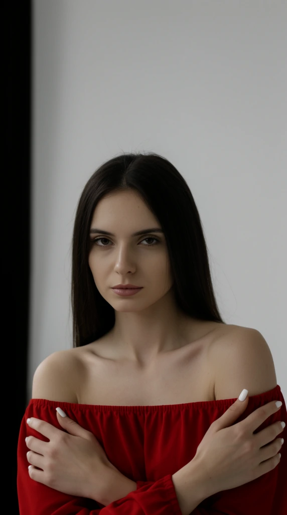 A medium close-up portrait of a young woman with long straight dark hair wearing a vibrant red off-the-shoulder top against a minimalist light gray background. Her fair skin, strong jawline, and direct, neutral gaze are framed by her dark hair parted down the middle. Bare shoulders and prominent collarbones are exposed above the gathered neckline of her crimson garment. Her arms are crossed softly over her chest, hands resting near opposite shoulders, displaying white manicured fingernails. A solid vertical black band runs along the far left edge of the stark off-white wall. Soft, diffused studio lighting casts gentle shadows across her features, creating an intimate atmosphere defined by the striking contrast of her deep red clothing against the monochromatic surroundings.