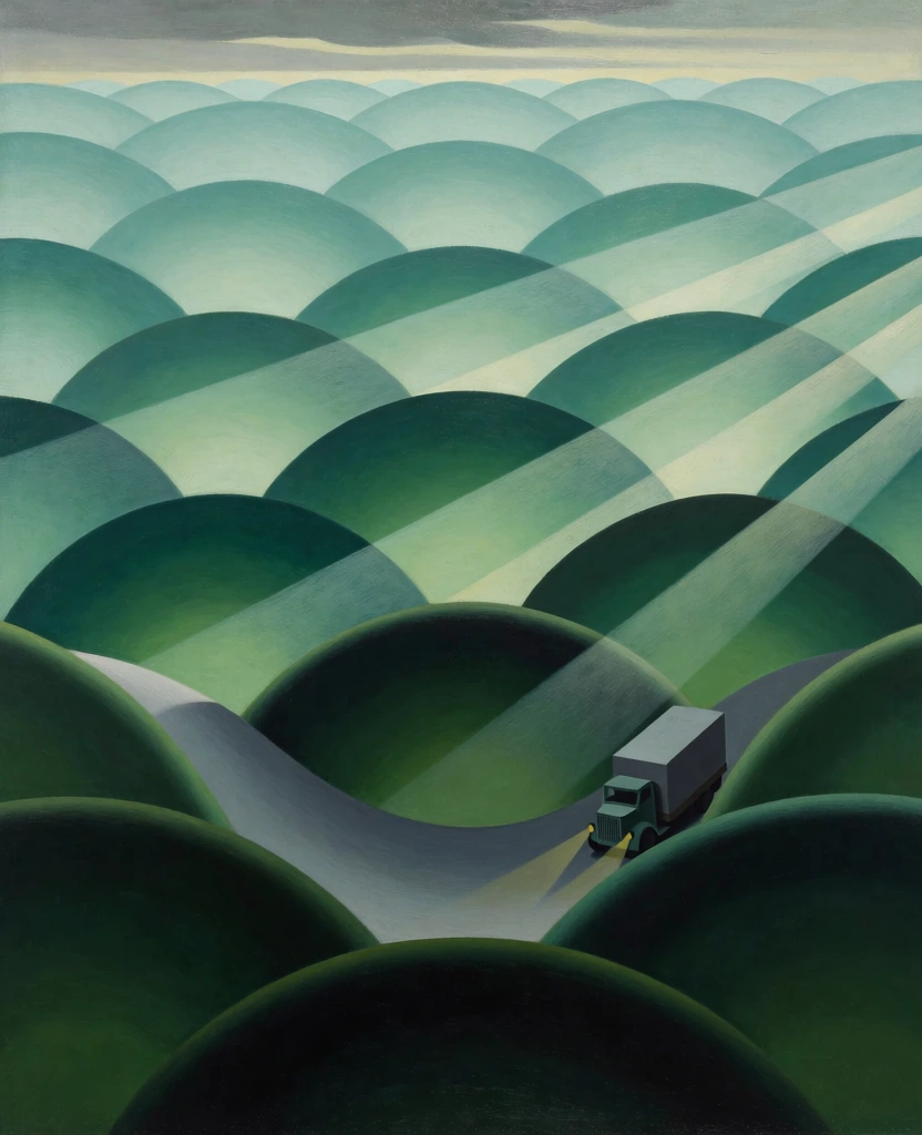 A highly stylized, rhythmic landscape painting depicts a series of repeating, scalloped green hills receding into the distance, intersected by a curved road with a single vehicle. In the lower center, a smooth, U-shaped gray road dips between two dark green hills, featuring a small, boxy truck with a gray body and glowing yellow headlights on its right side. The landscape is composed of numerous fan-shaped or semi-circular hills arranged in overlapping rows, creating a sense of deep, patterned perspective. The hills transition in color from a deep forest green in the foreground to a pale, minty teal in the background. Linear shafts of soft light cut diagonally across the scene from the upper right, illuminating the spaces between the undulating hills. At the very top, a sliver of a muted, overcast sky in shades of gray and pale yellow is visible. The artistic style is characterized by clean lines, geometric repetition, and a flattened, graphic quality reminiscent of Precisionism or Art Deco. The color palette is dominated by cool tones of green, teal, and gray, accented by the small points of yellow on the vehicle's lights. The composition is nearly symmetrical, emphasizing the repetitive, wave-like forms of the terrain.