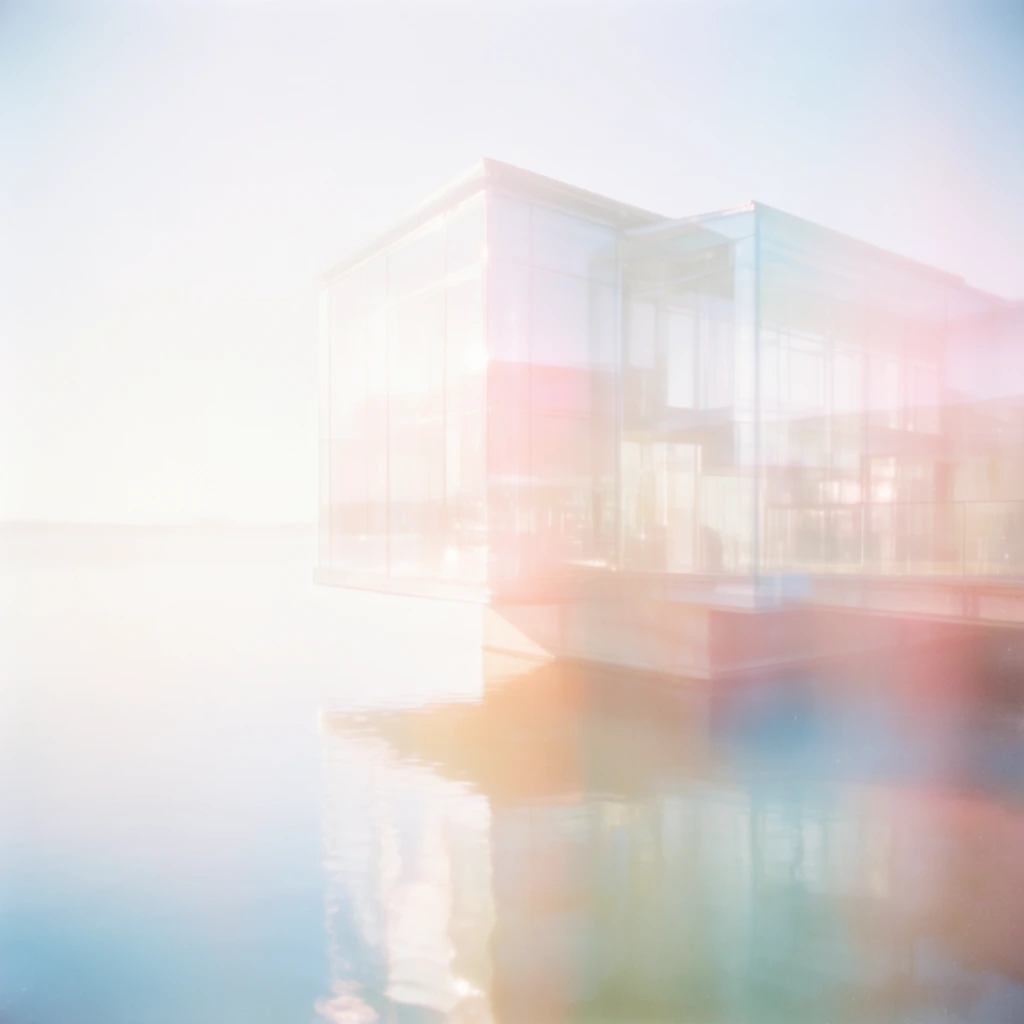 A glass building suspended over calm water, captured in a luminous, hazy, high-key photographic style with glowing pastel tones. The translucent, geometric architecture reflects onto the smooth, mirror-like surface of the water, engulfed in an ethereal, overexposed lighting environment that washes the background into a bright, milky white expanse. A heavy soft-focus effect creates profound halation around the structural edges, softening the architectural lines into fluid, glowing shapes. Double-exposure techniques and translucent overlays introduce delicate gradients of pale pink, soft peach, and icy blue into the intense white light. The rendering employs vintage, light-drenched film photography aesthetics, characterized by pervasive light leaks, ultra-low contrast, and a dense, atmospheric haze that unifies the architecture and the aquatic environment in a radiant, pearlescent glow.