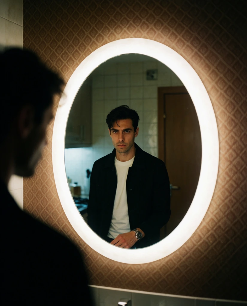 man reflected in an illuminated oval mirror, dark hair, black jacket over a white t-shirt, silver wrist watch, serious expression, oval mirror with a thick glowing white halo frame, mounted on a brown textured patterned wallpaper wall, reflection showing a dimly lit kitchen with white tiles, dark out-of-focus silhouette of a head and shoulder in the left foreground, closed wooden door on the right, moody dramatic lighting, shallow depth of field, cinematic 35mm film aesthetic