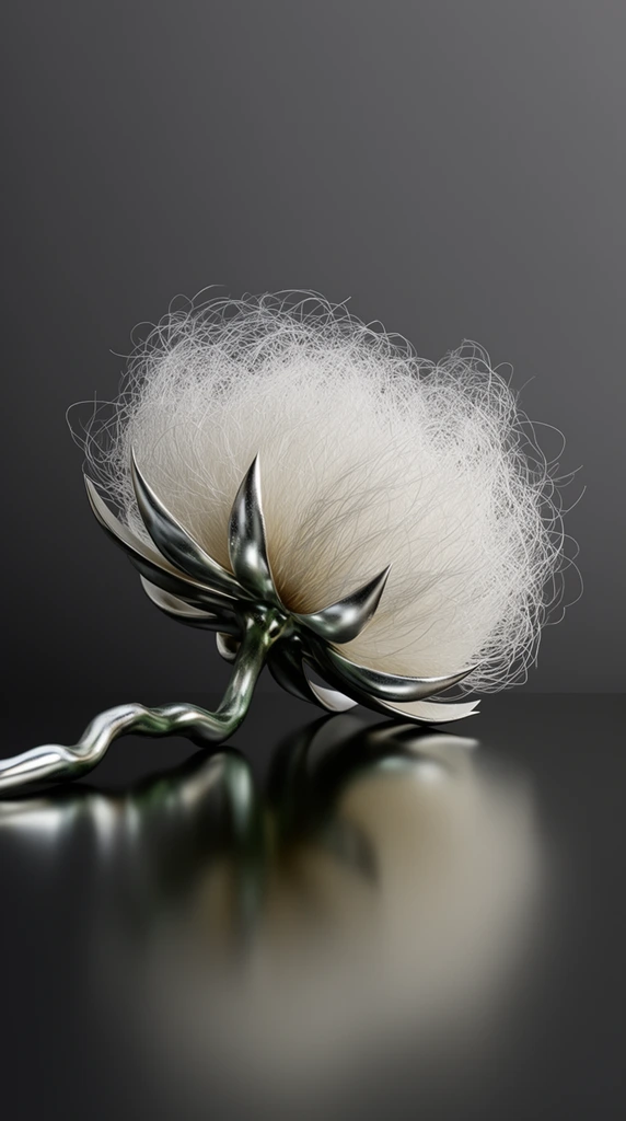 single stylized flower resting horizontally on a dark reflective surface, dense mass of fine wiry white fibers forming a cloud-like head, sharp metallic sepals clasping the base, undulating metallic stem with a greenish-silver finish, diffuse reflection on the polished floor, smooth dark gray gradient background, minimalist studio lighting, contrast between soft fibers and glossy metal, macro perspective