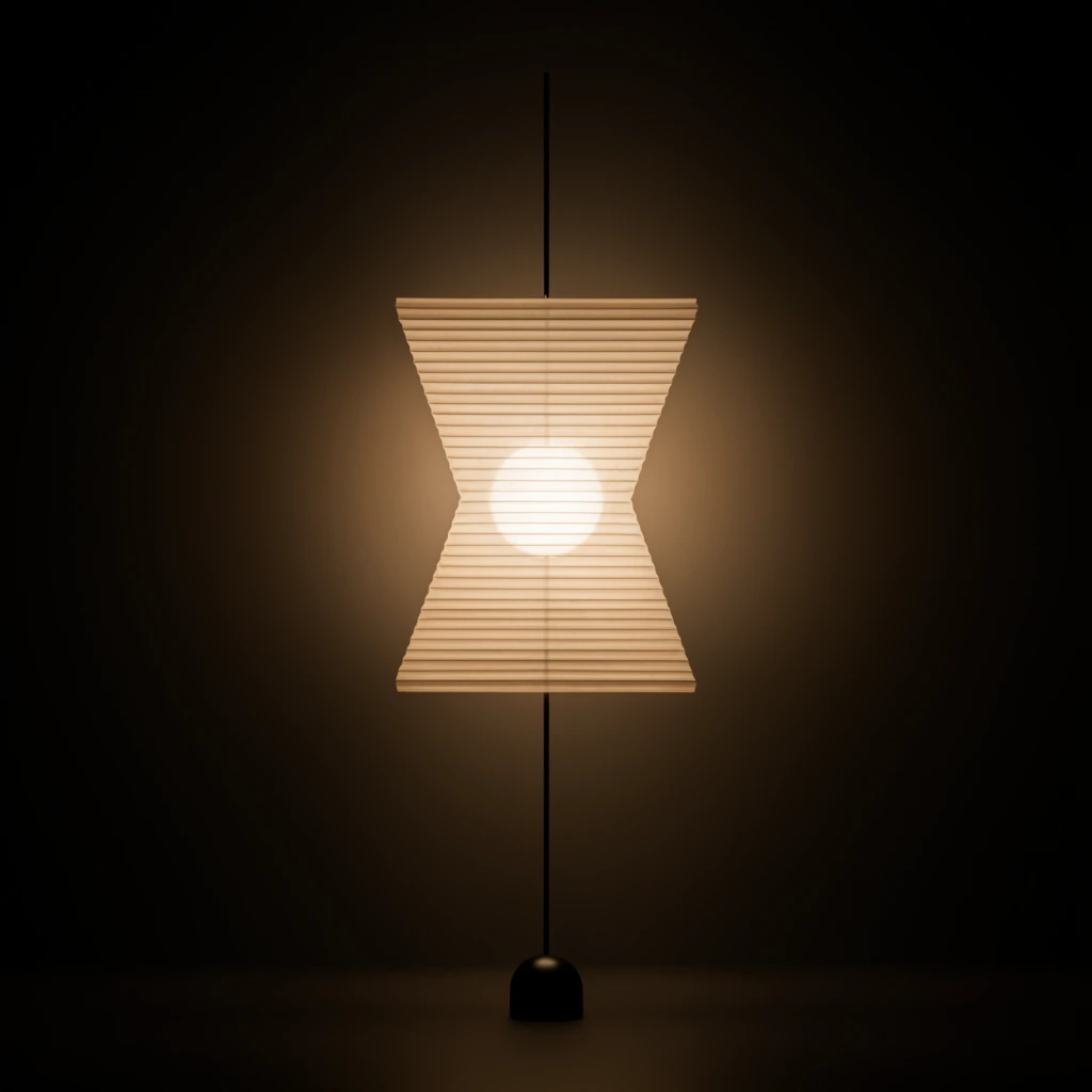 A minimalist floor lamp with a glowing, horizontally ribbed paper shade stands against a seamless pitch-black void. The central shade features an hourglass silhouette formed by stacked trapezoids, revealing a bright spherical bulb through its translucent texture. An ultra-thin black metal rod pierces vertically through the center, extending upward and connecting downward to a small, solid black domed base. The warm amber light radiates softly outward, creating a smooth halo on the background that fades smoothly into deep shadow. Symmetrical studio product photography uses dramatic chiaroscuro lighting to emphasize the geometric contrast between the luminous paper and stark structural elements.