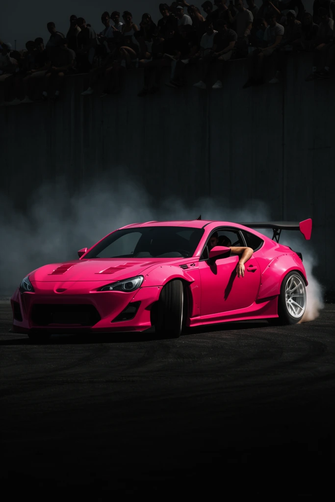 Vivid hot pink modified sports car drifting on dark asphalt, thick tire smoke billowing from rear wheels, driver arm extended out the window, wide body kit, large rear wing, silver alloy wheels, stark contrast against a tall dark grey concrete wall, silhouetted crowd of spectators watching from an elevated ledge, deep shadows, dramatic low-key lighting, automotive action photography
