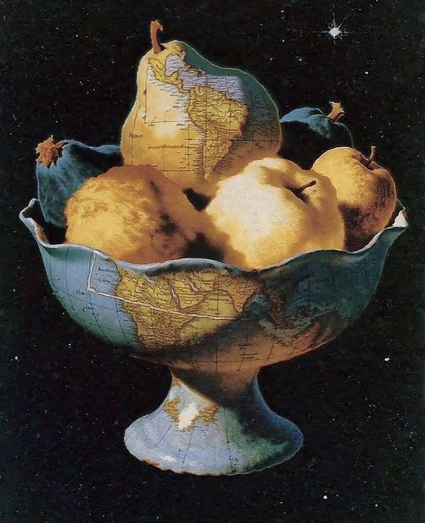 vintage surrealist grainy illustration, weathered ceramic pedestal bowl overflowing with various fruit, surfaces of fruit and vessel overlaid with intricate technical diagrams and faded atlas map textures, desaturated 1970s palette of mustard yellow, muted teal, and burnt umber, heavy analog film grain, floating in a deep black cosmic void with sparse distant stars, sharp jagged silhouettes, scientific encyclopedic aesthetic, high contrast shadows, atmospheric, existential