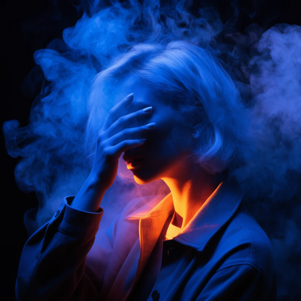 woman with short light hair covering her face with one hand, wearing a collared jacket, enveloped in thick billowing smoke, dramatic dual-tone gel lighting, warm orange glow on jawline and inner collar, vibrant blue light illuminating the smoke, pitch-black background, cinematic neon-noir portrait, high contrast chiaroscuro