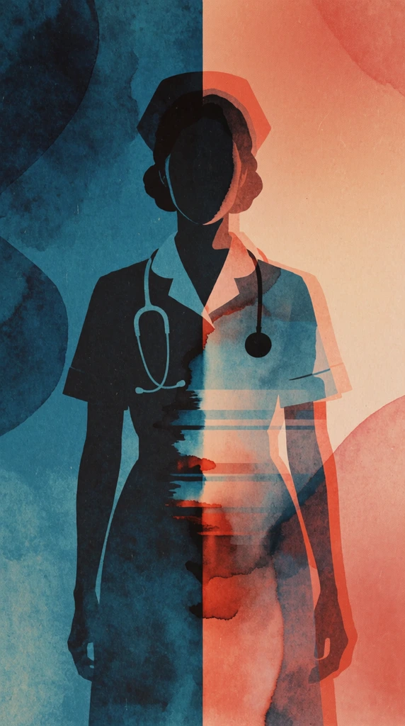 A woman in a nurse uniform with a stethoscope rendered as a stark, stylized silhouette against a vertically bisected background. The composition is sharply divided down the center, featuring a deep teal and navy blue textured wash on the left and a warm peach and terracotta gradient on the right. The nurse's figure, defined by the crisp contours of her collared uniform and the looped tubing of the stethoscope, appears as a solid dark charcoal shape on the cool-toned side. As her form extends across the central vertical threshold into the warm-toned side, she dissolves into a semi-transparent, ghostly double-exposure layer. The vertical seam where the two color zones meet exhibits horizontal, glitch-like visual streaking and layered watercolor bleeding. The entire artwork is unified by a heavy vintage paper grain, risograph halftone textures, and abstract organic shadow overlays, creating a flat, graphic collage aesthetic with intense duotone color blocking.