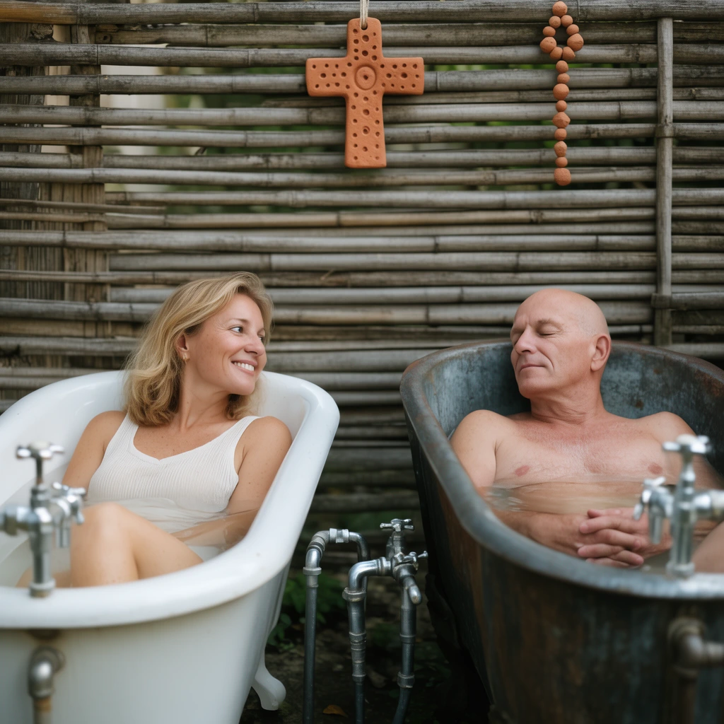 A smiling woman and a resting bald man relax side-by-side in separate vintage outdoor bathtubs with exposed silver plumbing. The woman sits in a white porcelain tub, looking toward the man in a weathered dark metal tub. Behind them, a rustic horizontal bamboo fence displays a hanging terracotta clay cross and bead ornament. Soft natural daylight fills the tranquil, shallow-focus scene.