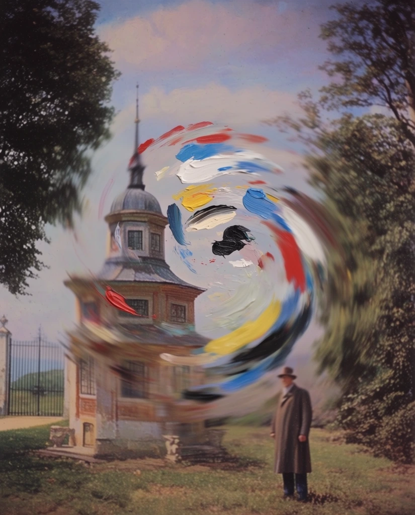 A heavily distorted view of a multi-tiered building and a lone man, dominated by swirling impasto paint strokes. A multi-tiered building featuring a dome and spire sits on the left on grassy ground. Large trees frame the left and right edges. A man wearing a hat and long coat stands in the lower right foreground. A gate occupies the background on the left beneath a broad sky. The central composition is heavily warped by a circular motion blur effect. Thick, vibrant smears of red, white, blue, yellow, and black paint are superimposed in a swirling vortex over the scene. The visual aesthetic utilizes soft, grainy analog photography with muted tones and a slightly artificial, diorama-like rendering of the landscape.