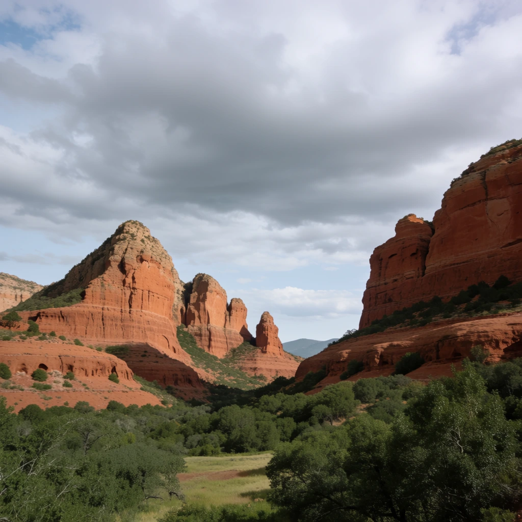 towering red sandstone rock formations, rugged terracotta cliffs with eroded textures, valley gap between asymmetrical peaks, lush green scrubland and trees in foreground, expansive sky dominated by heavy grey clouds, subtle blue patches, soft diffused natural daylight, wide-angle landscape photography, complementary colors of deep green and rich earthy red