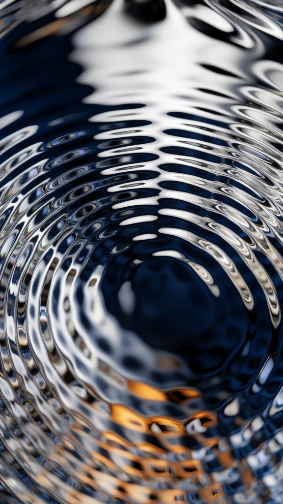 macro-refractive liquid-wave distortion, dense concentric rhythmic ripples, high-gloss metallic sheen, cat with alien antennae in the bottom left, saucer-shaped spaceship emitting a refractive light beam, elongated cat floating vertically within the beam, stylized pine trees, crescent moon top right, clouds top left, starry sky, all forms warped by vertical glass-ribbed stretching, chromatic aberration, high-contrast palette of deep navy, chrome silver, and vibrant ochre.
