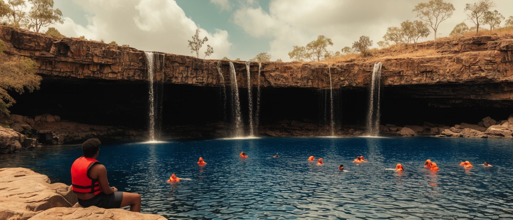 A massive, flat rocky overhang features several thin waterfalls cascading into a deep blue pool. A dark, cavernous recess sits beneath the ledge. Swimmers in bright orange life jackets scatter throughout the water. In the foreground left, a person in a red life vest sits on a rocky outcrop facing the falls. Sparse trees grow atop the cliff against a partly cloudy sky. The wide-angle photography uses a warm, earthy color palette with striking contrast.